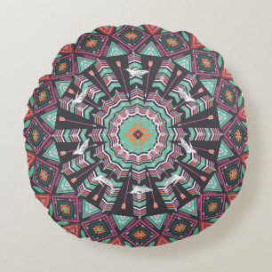 Aztec Geometric: Colourful Circle Pattern Round Cushion