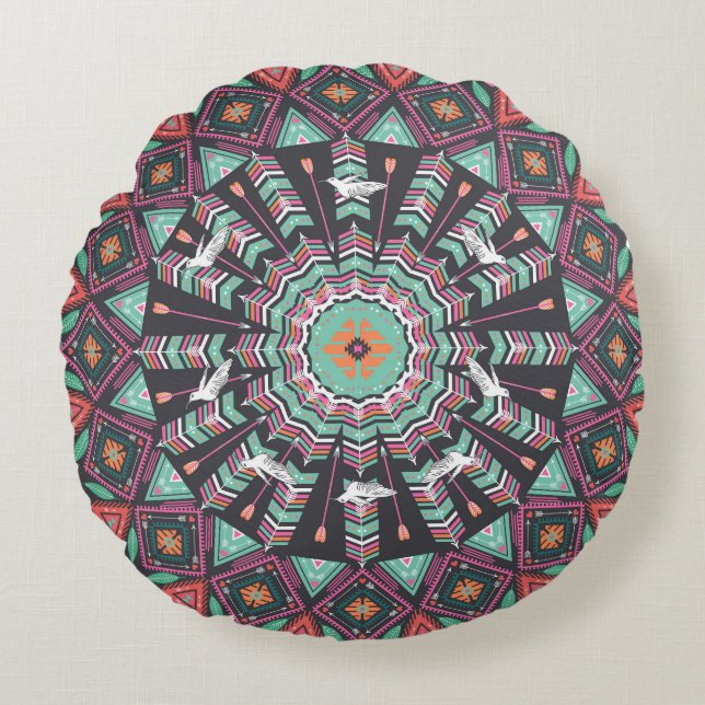 Aztec Geometric: Colourful Circle Pattern Round Cushion (Front)