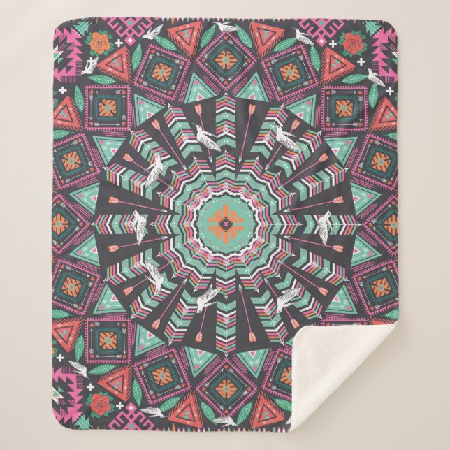 Aztec Geometric: Colourful Circle Pattern Sherpa Blanket (Front)