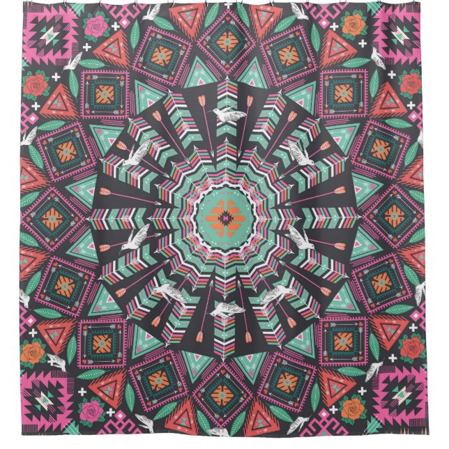 Aztec Geometric: Colourful Circle Pattern Shower Curtain (Front)