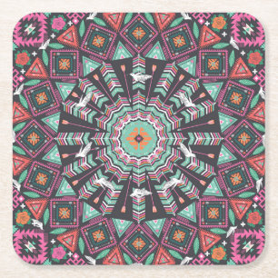 Aztec Geometric: Colourful Circle Pattern Square Paper Coaster