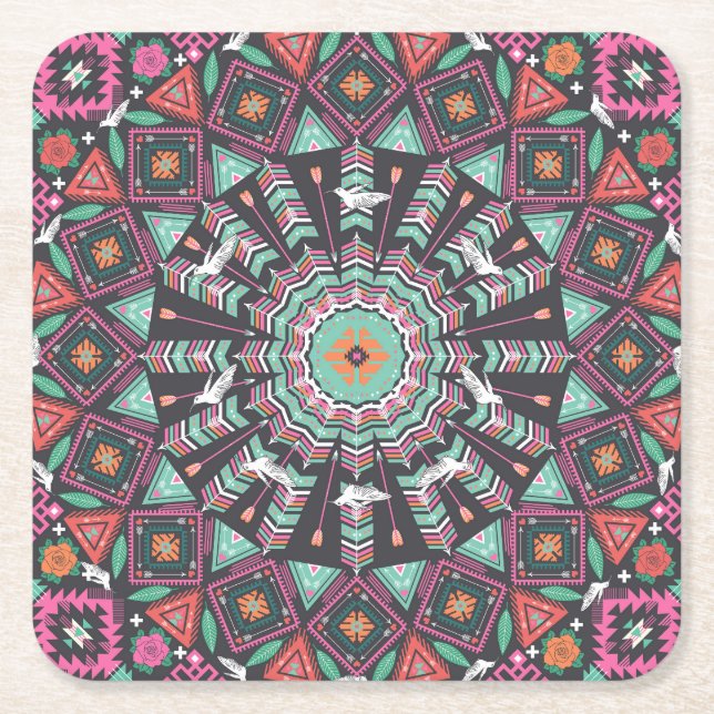 Aztec Geometric: Colourful Circle Pattern Square Paper Coaster (Front)