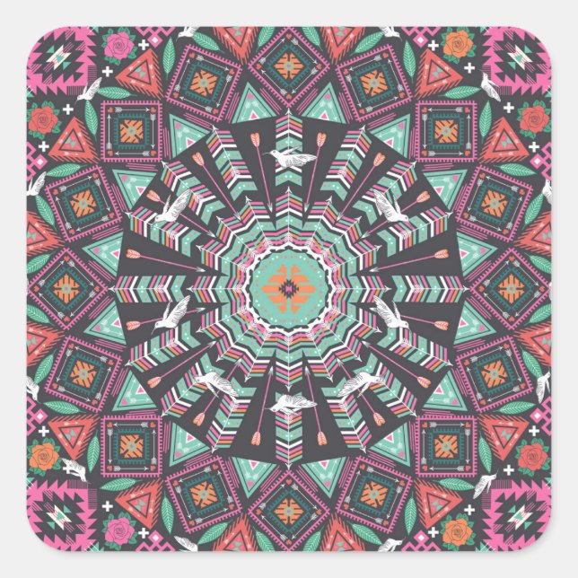 Aztec Geometric: Colourful Circle Pattern Square Sticker (Front)