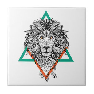 Aztec Geometric Lion Portrait Ceramic Tile