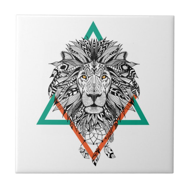Aztec Geometric Lion Portrait Ceramic Tile (Front)