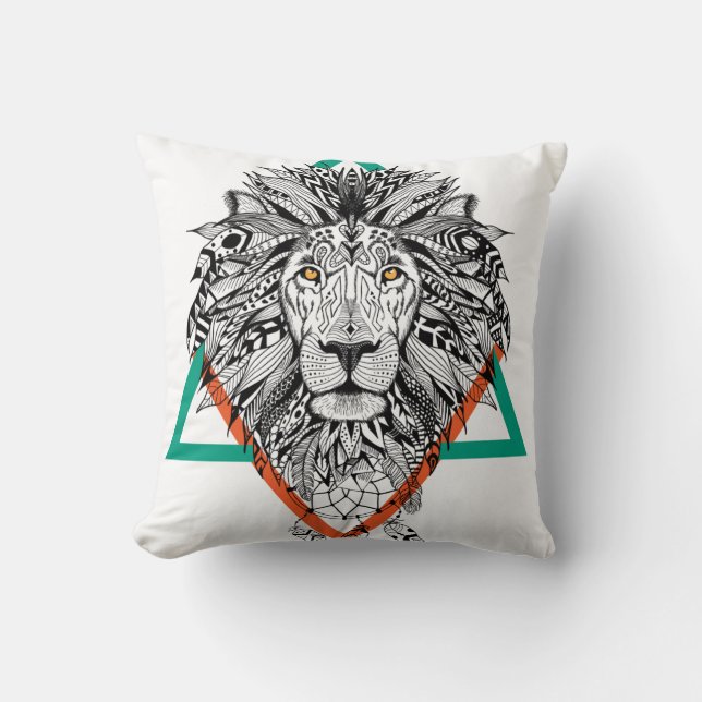 Aztec Geometric Lion Portrait Cushion (Front)