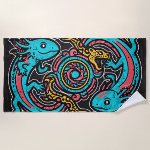 Aztec God Xolotl Fighting Jaguar Battle Tribal Art Beach Towel