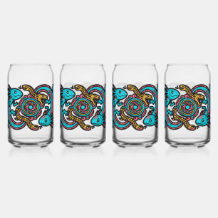 Aztec God Xolotl Fighting Jaguar Battle Tribal Art Can Glass