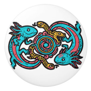 Aztec God Xolotl Fighting Jaguar Battle Tribal Art Ceramic Knob