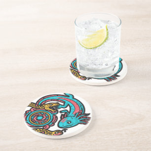 Aztec God Xolotl Fighting Jaguar Battle Tribal Art Coaster