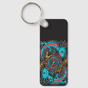 Aztec God Xolotl Fighting Jaguar Battle Tribal Art Key Ring