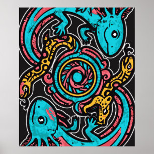 Aztec God Xolotl Fighting Jaguar Battle Tribal Art Poster