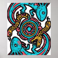 Aztec God Xolotl Fighting Jaguar Battle Tribal Art