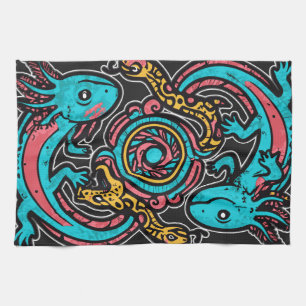Aztec God Xolotl Fighting Jaguar Battle Tribal Art Tea Towel