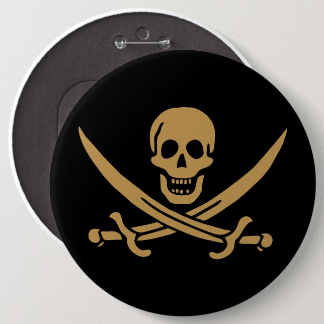 Aztec Gold Skull & Cutlass Pirate Calico Jack 6 Cm Round Badge (Front & Back)