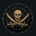 Aztec Gold Skull & Cutlass Pirate Calico Jack Dartboard<br><div class="desc">A low growl rumbled across the waves, not from the storm brewing on the horizon, but from Captain Jack's throat. His dark eyes, usually gleaming with mischief, held a steely glint as he surveyed the approaching ship. The "Revenge, " his sloop, heeled slightly in the choppy water, its black hull...</div>