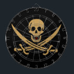 Aztec Gold Skull & Cutlass Pirate Calico Jack Dartboard<br><div class="desc">A low growl rumbled across the waves, not from the storm brewing on the horizon, but from Captain Jack's throat. His dark eyes, usually gleaming with mischief, held a steely glint as he surveyed the approaching ship. The "Revenge, " his sloop, heeled slightly in the choppy water, its black hull...</div>