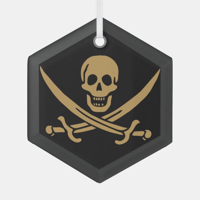 Aztec Gold Skull & Cutlass Pirate Calico Jack Glass Tree Decoration (Front)