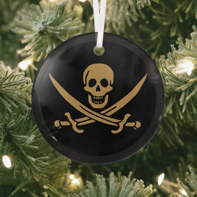 Aztec Gold Skull & Cutlass Pirate Calico Jack Glass Tree Decoration (Insitu)