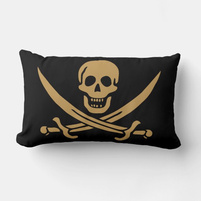 Aztec Gold Skull & Cutlass Pirate Calico Jack Lumbar Cushion (Front)