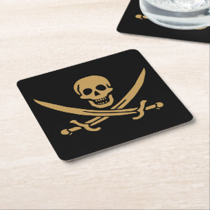 Aztec Gold Skull & Cutlass Pirate Calico Jack Square Paper Coaster