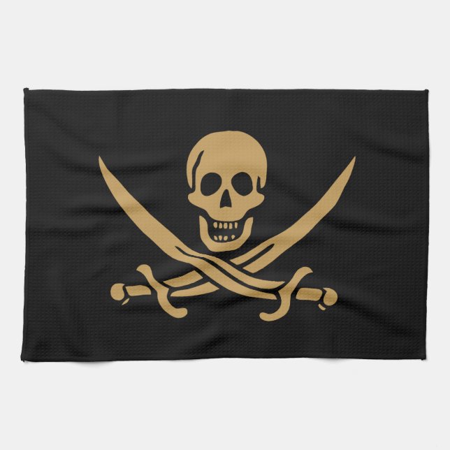 Aztec Gold Skull & Cutlass Pirate Calico Jack Tea Towel (Horizontal)