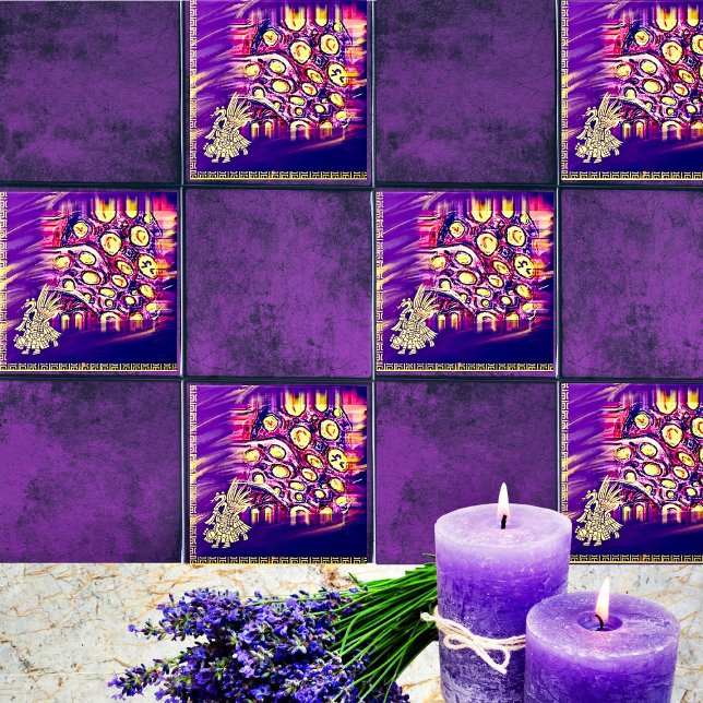 Aztec Golden & Purple Mexican Boho Wooden Box Sign Ceramic Tile (Creator Uploaded)