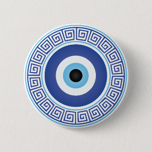 Aztec Greek Circle Key Evil Eye Blue White 6 Cm Round Badge