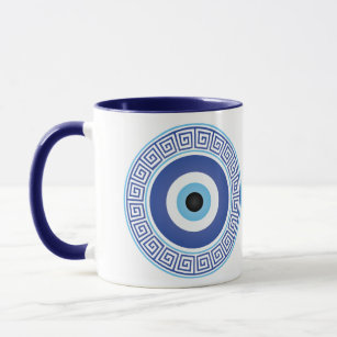 Aztec Greek Circle Key Evil Eye Blue White Mug