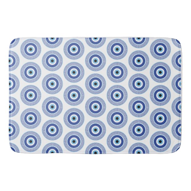 Aztec Greek Circle Key Evil Eye Pattern Blue Bath Mat (Front)
