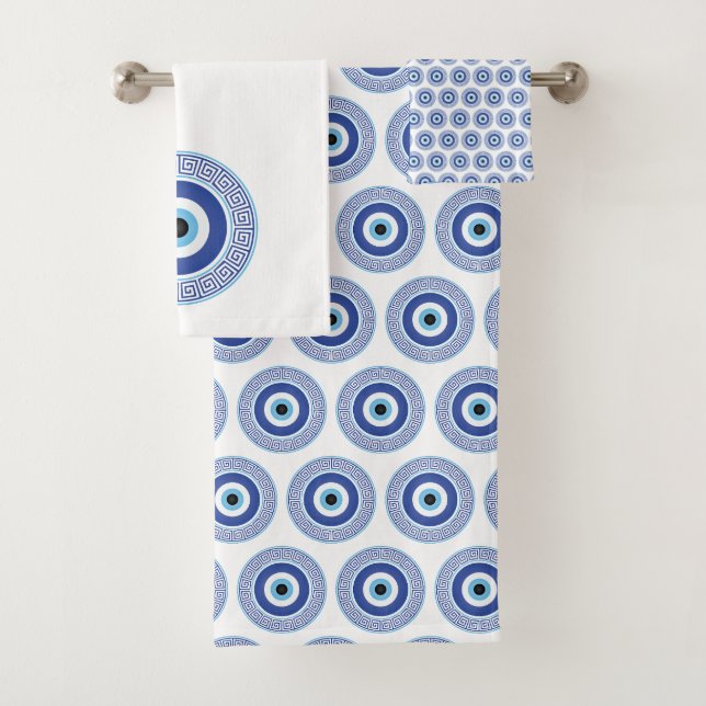 Aztec Greek Circle Key Evil Eye Pattern Blue Bath Towel Set (Insitu)