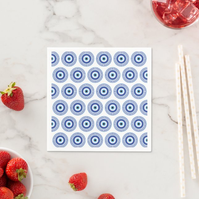 Aztec Greek Circle Key Evil Eye Pattern Blue Napkin (Insitu)