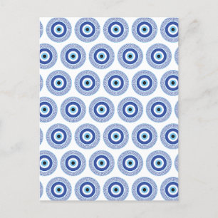 Aztec Greek Circle Key Evil Eye Pattern Blue Postcard