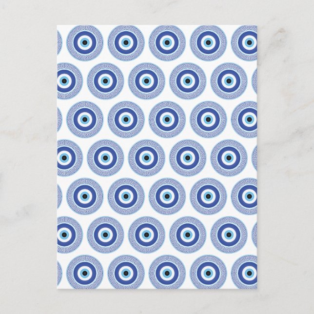 Aztec Greek Circle Key Evil Eye Pattern Blue Postcard (Front)