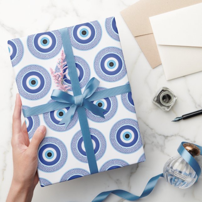 Aztec Greek Circle Key Evil Eye Pattern Blue Wrapping Paper (Gifting)