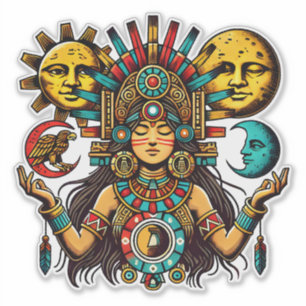 Aztec Indian woMan princess sun moon Folk art