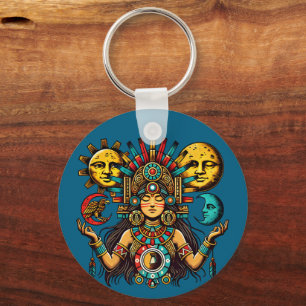 Aztec Indian woMan princess sun moon Folk art Key Ring