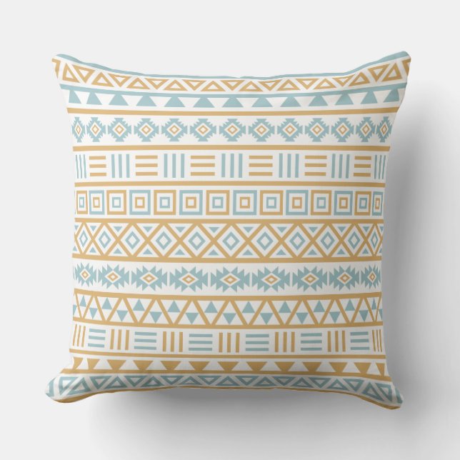 Aztec Influence Pattern Blue Gold White Cushion (Front)