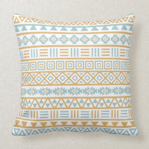 Aztec Influence Pattern Blue Gold White Cushion