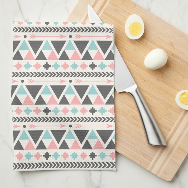Aztec Inspired Coral and Mint Pattern Tea Towel (Quarter Fold)