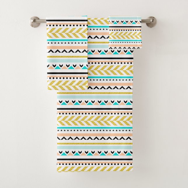 Aztec Inspired Gold Blue Pink Geometric Pattern Bath Towel Set (Insitu)