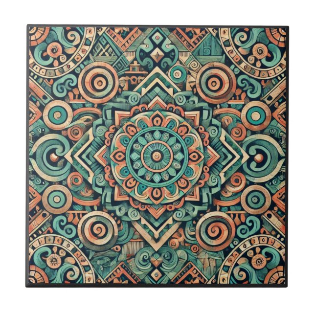 Aztec-Inspired Teal and Terracotta Pattern Ceramic Tile (Front)
