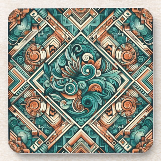 Aztec-Inspired Teal and Terracotta Pattern Coaster (Front)