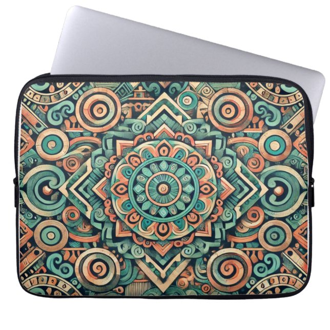 Aztec-Inspired Teal and Terracotta Pattern Laptop Sleeve (Front)