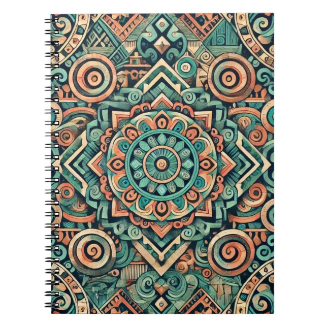 Aztec-Inspired Teal and Terracotta Pattern Notebook (Front)