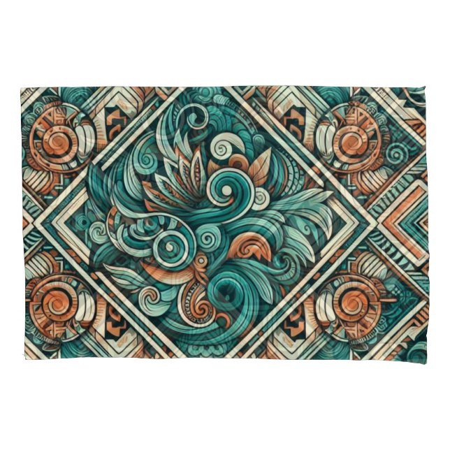 Aztec-Inspired Teal and Terracotta Pattern Pillowcase (Front)