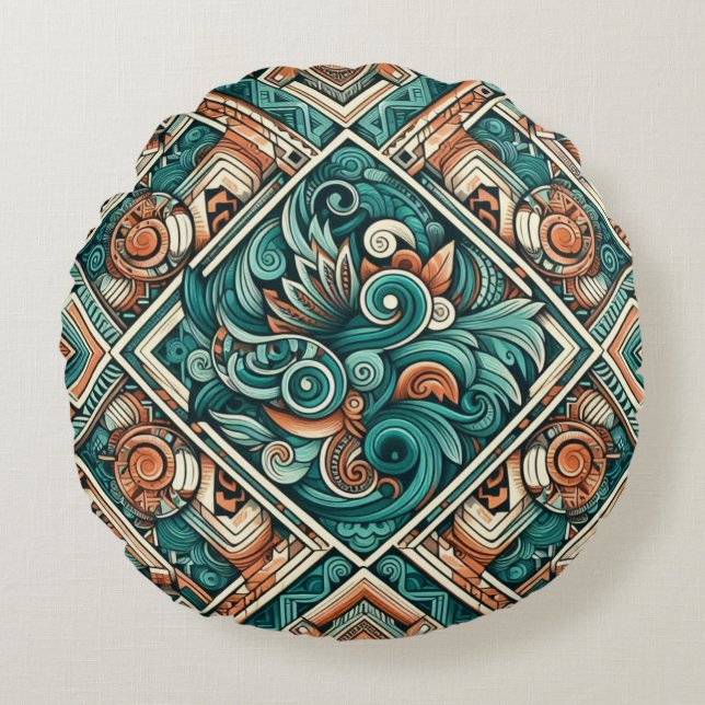 Aztec-Inspired Teal and Terracotta Pattern Round Cushion (Front)
