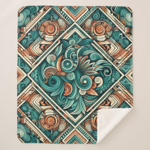 Aztec-Inspired Teal and Terracotta Pattern Sherpa Blanket