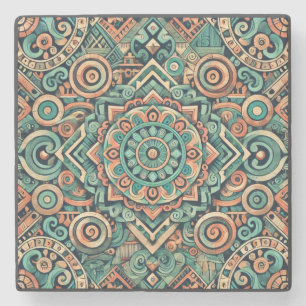Aztec-Inspired Teal and Terracotta Pattern Stone Coaster