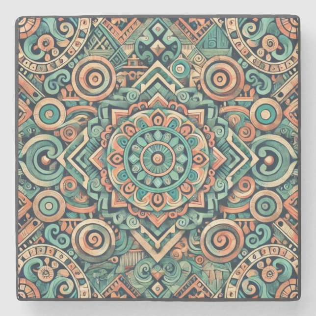 Aztec-Inspired Teal and Terracotta Pattern Stone Coaster (Front)
